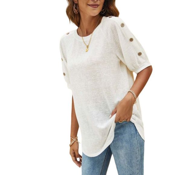 Enno White Button Accent Half-Sleeve Crewneck Tee Size L - Picture 1 of 4